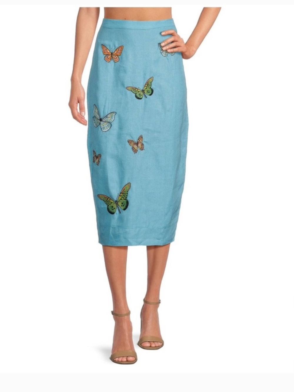 Fanm Mon Turquoise Blue Butterfly Embroidered Midi Skirt